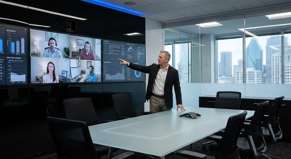 Internal IT lead reviewing infrastructure dashboards with a co-managed support team in a modern Dallas office, representing 24/7 NOC and help desk augmentation for scaling businesses.