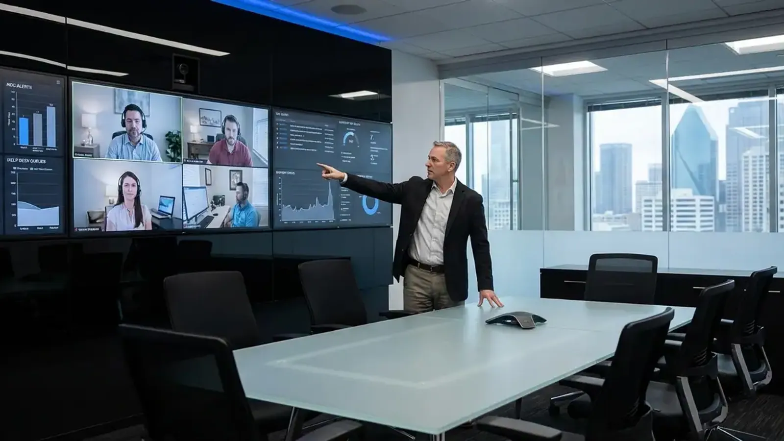 Internal IT lead reviewing infrastructure dashboards with a co-managed support team in a modern Dallas office, representing 24/7 NOC and help desk augmentation for scaling businesses.