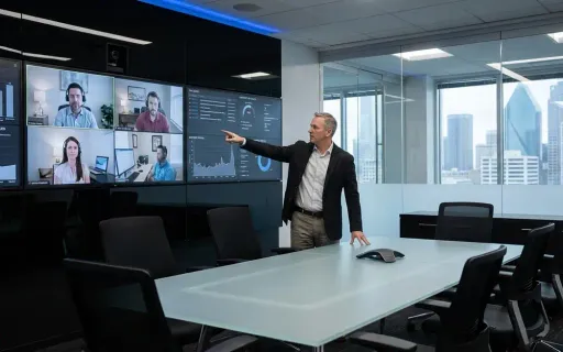 Internal IT lead reviewing infrastructure dashboards with a co-managed support team in a modern Dallas office, representing 24/7 NOC and help desk augmentation for scaling businesses.