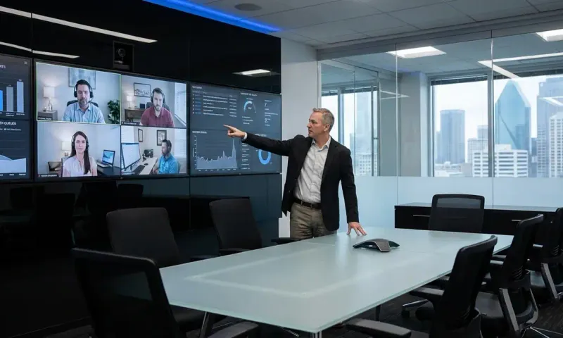 Internal IT lead reviewing infrastructure dashboards with a co-managed support team in a modern Dallas office, representing 24/7 NOC and help desk augmentation for scaling businesses.