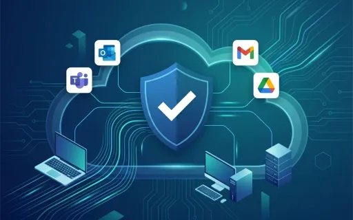 Description: Enterprise backup and disaster recovery illustration showing cloud protection for Microsoft 365, Google Workspace, and multi-platform endpoints including Windows, macOS, and Linux devices secured by comprehensive data backup infrastructure.