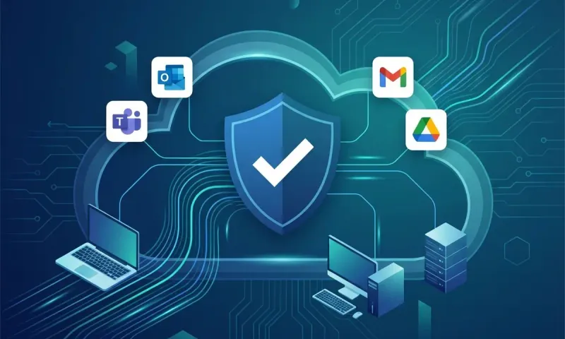 Description: Enterprise backup and disaster recovery illustration showing cloud protection for Microsoft 365, Google Workspace, and multi-platform endpoints including Windows, macOS, and Linux devices secured by comprehensive data backup infrastructure.