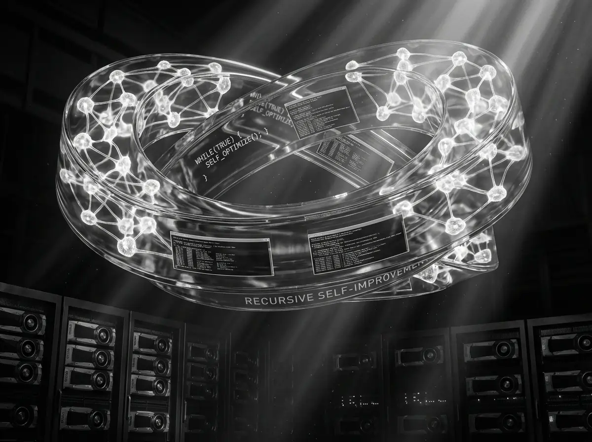 Abstract visualization of recursive AI self-improvement showing a neural network loop with embedded code fragments, representing GPT-5.3-Codex as the first AI model instrumental in creating itself.