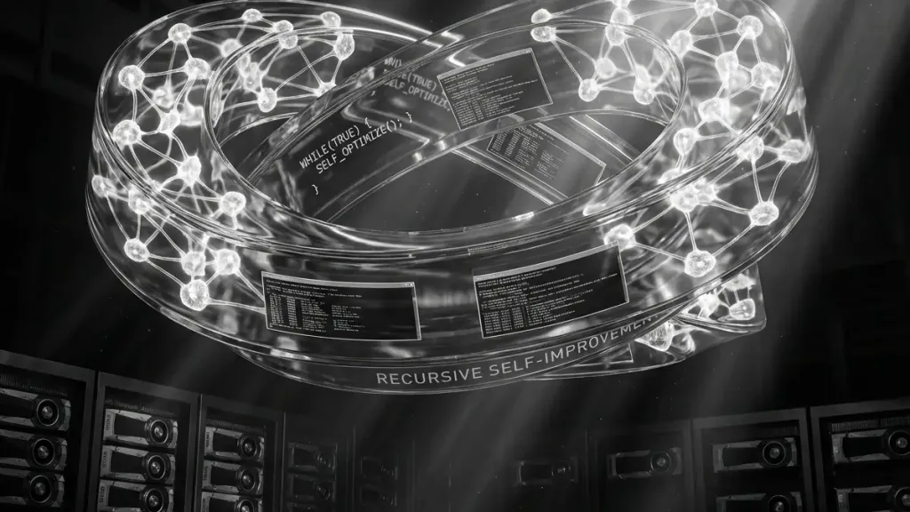 Abstract visualization of recursive AI self-improvement showing a neural network loop with embedded code fragments, representing GPT-5.3-Codex as the first AI model instrumental in creating itself.