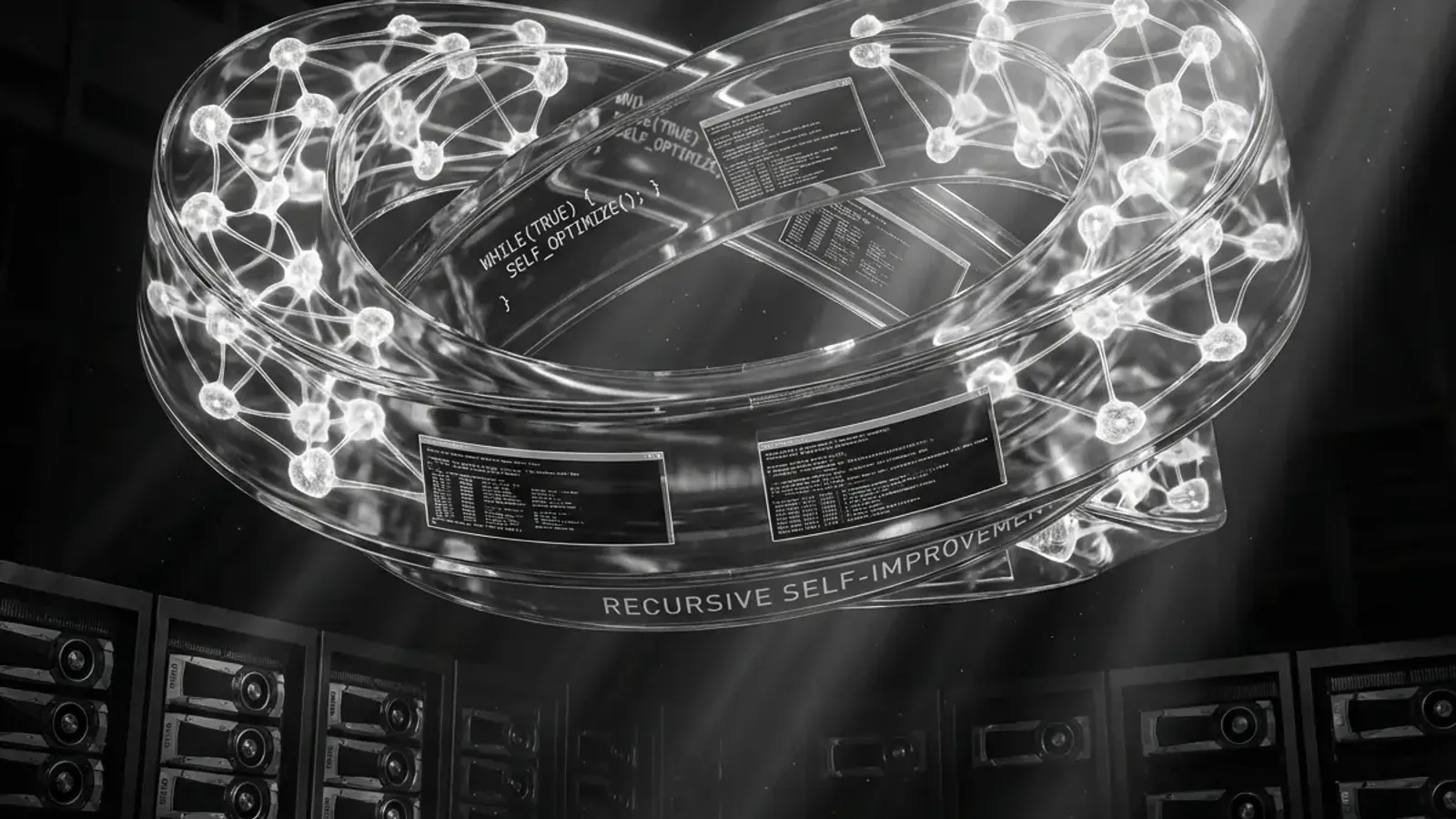 Abstract visualization of recursive AI self-improvement showing a neural network loop with embedded code fragments, representing GPT-5.3-Codex as the first AI model instrumental in creating itself.