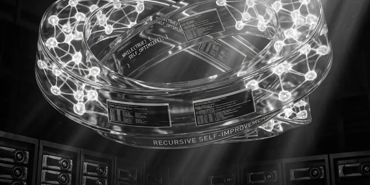 Abstract visualization of recursive AI self-improvement showing a neural network loop with embedded code fragments, representing GPT-5.3-Codex as the first AI model instrumental in creating itself.