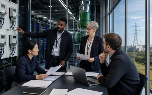 A review team examines data center energy meters and infrastructure beside a mixed electricity grid
