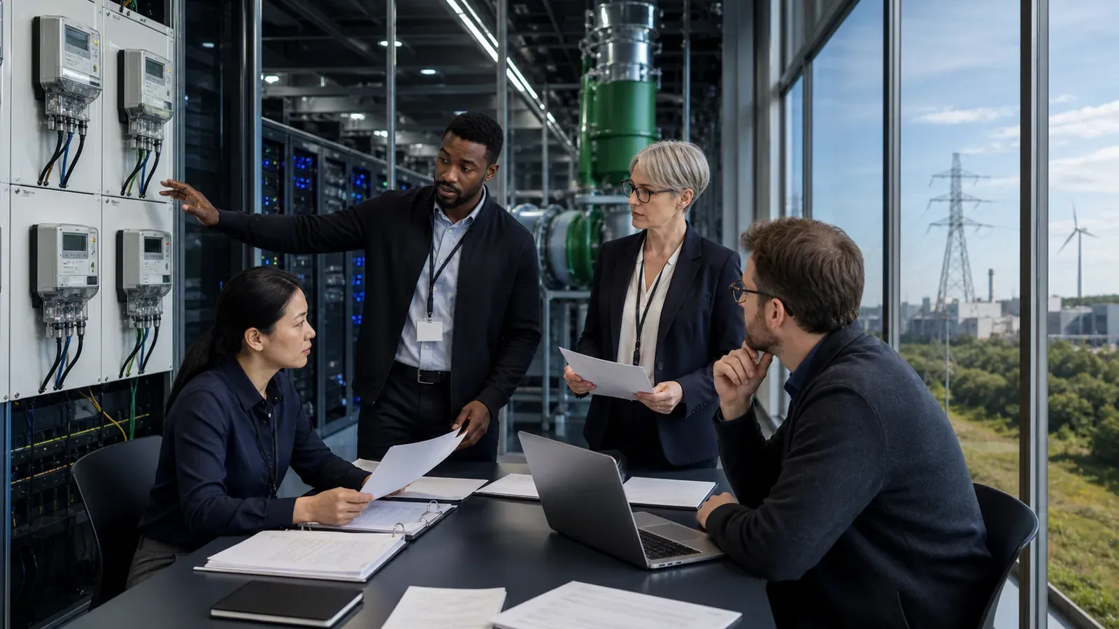 A review team examines data center energy meters and infrastructure beside a mixed electricity grid