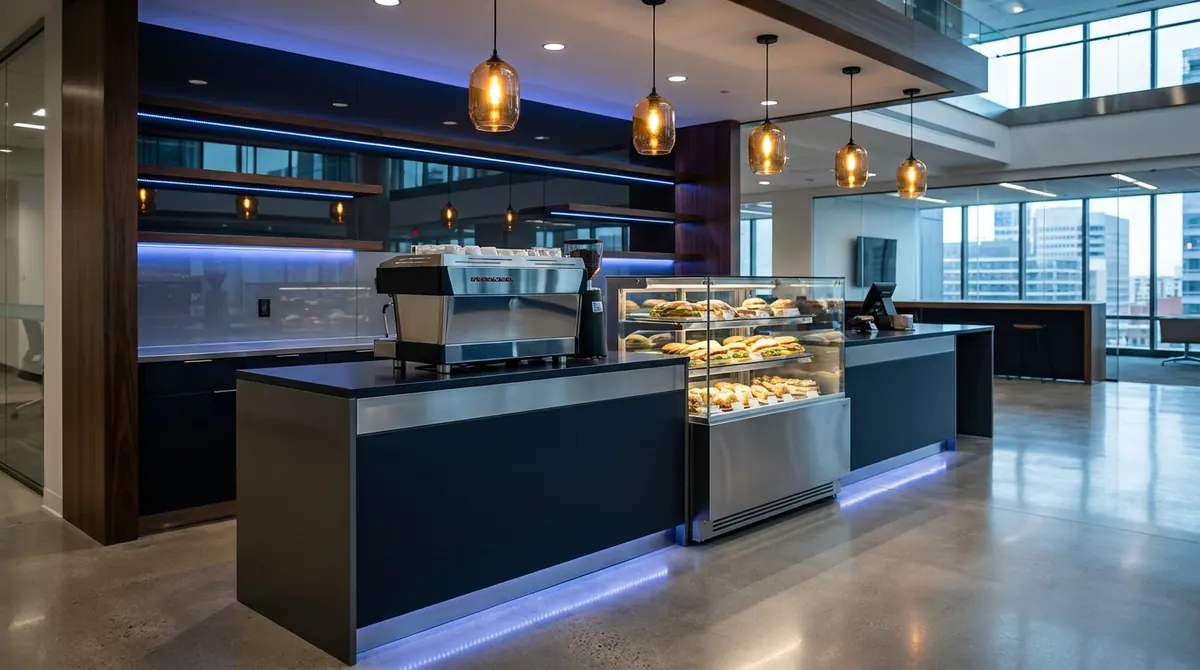 A modern corporate deli and coffee bar with an espresso machine, fresh food display case, and warm pendant lighting