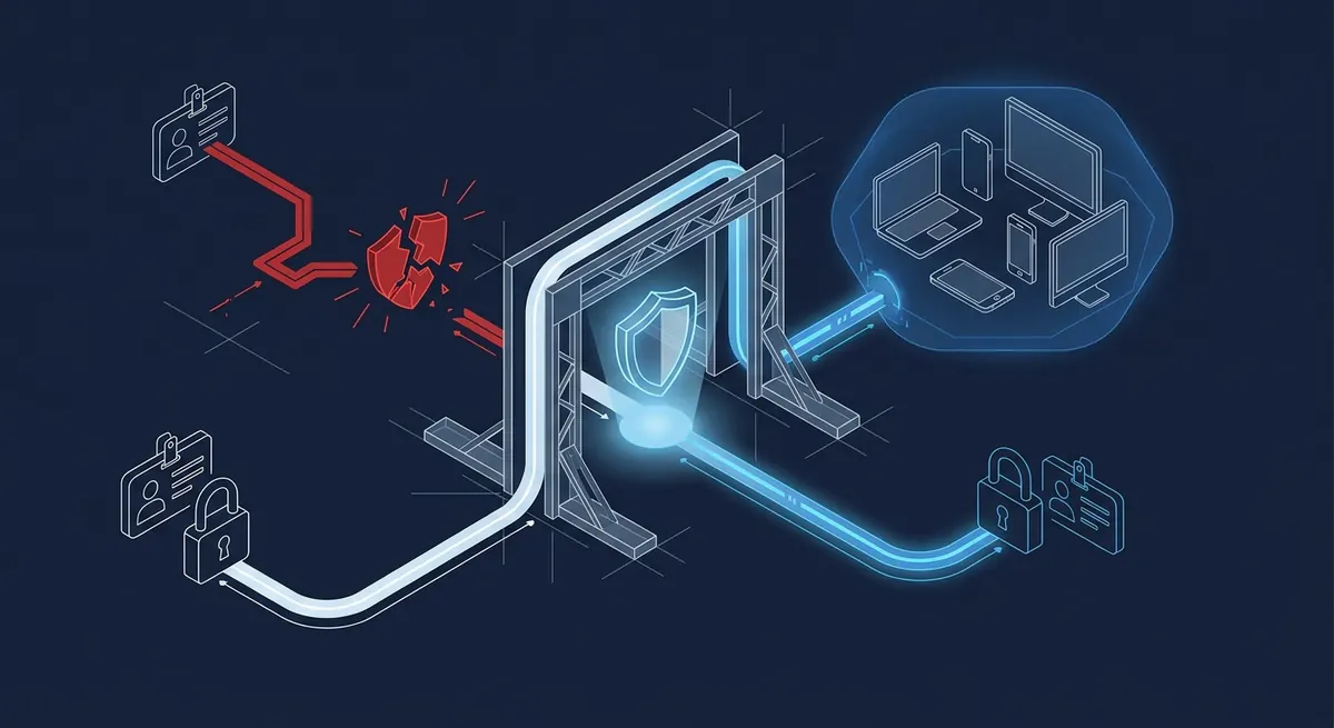 Isometric diagram of a zero-trust checkpoint allowing a verified remote connection through to protected devices while blocking an unverified one