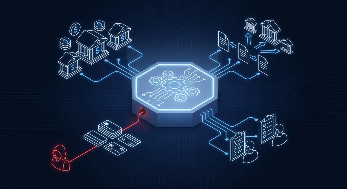 Isometric diagram of an enterprise payments engine connected to bank buildings, outbound payment files, accounts-payable disbursement, and payment cards, probed by an attacker