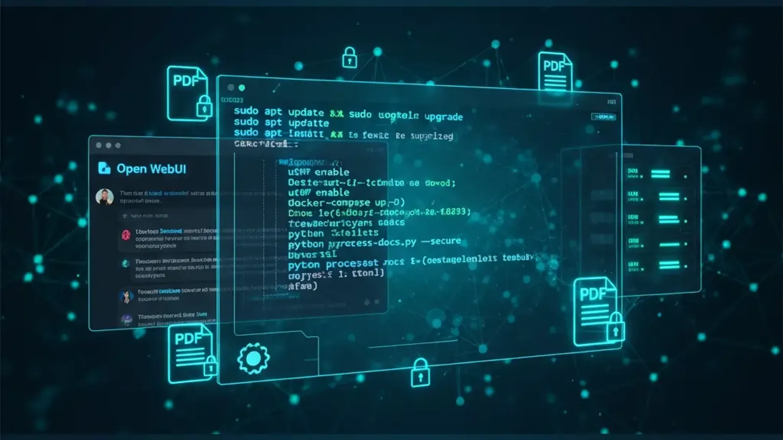Ubuntu Linux terminal displaying Open WebUI and Ollama installation commands with neural network visualization representing local AI inference, showcasing self-hosted artificial intelligence infrastructure for enterprise data sovereignty and secure docume