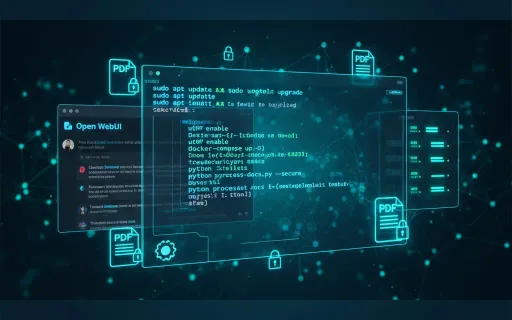 Ubuntu Linux terminal displaying Open WebUI and Ollama installation commands with neural network visualization representing local AI inference, showcasing self-hosted artificial intelligence infrastructure for enterprise data sovereignty and secure docume