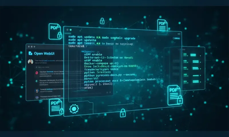 Ubuntu Linux terminal displaying Open WebUI and Ollama installation commands with neural network visualization representing local AI inference, showcasing self-hosted artificial intelligence infrastructure for enterprise data sovereignty and secure docume