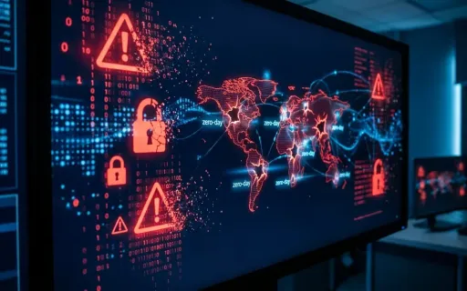 Editorial cybersecurity threat visualization with red alert glyphs, broken padlocks dissolving into binary code, conveying the discovery of zero-day vulnerabilities at scale