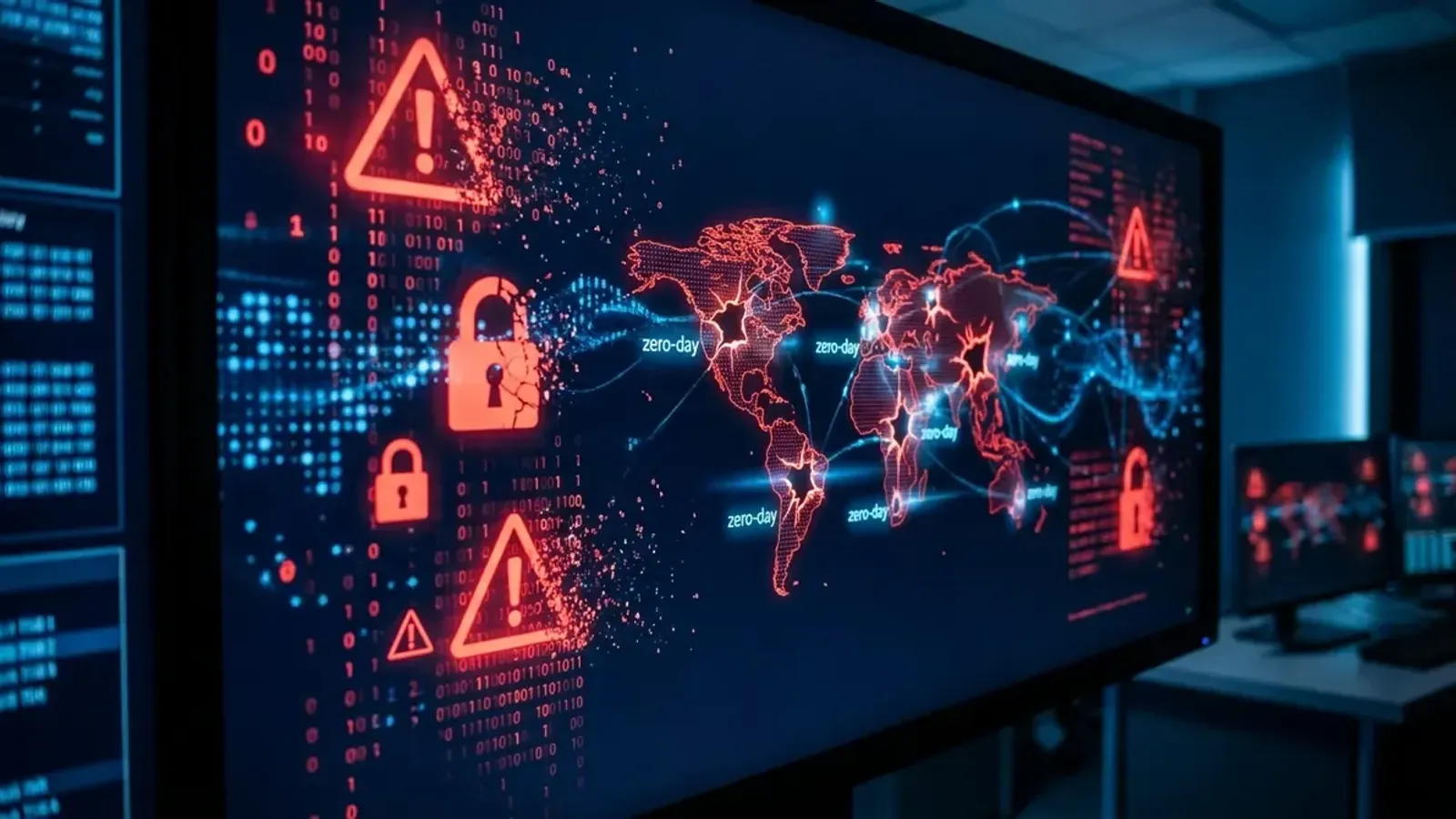 Editorial cybersecurity threat visualization with red alert glyphs, broken padlocks dissolving into binary code, conveying the discovery of zero-day vulnerabilities at scale
