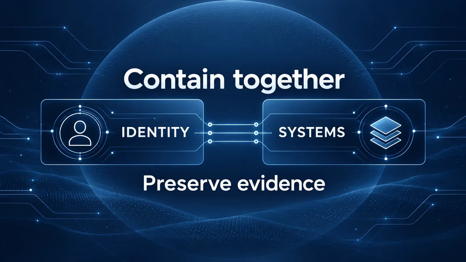 Connected identity and systems panels under Contain together, with Preserve evidence below, illustrating coordinated incident response.