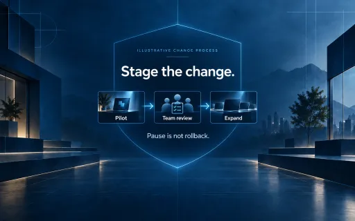Illustrative staged change process: Pilot, Team review, and Expand, with the reminder that pause is not rollback.