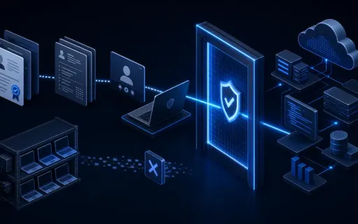 Conceptual remote hiring security gate stopping a false digital identity and remote laptop relay before they reach protected company systems