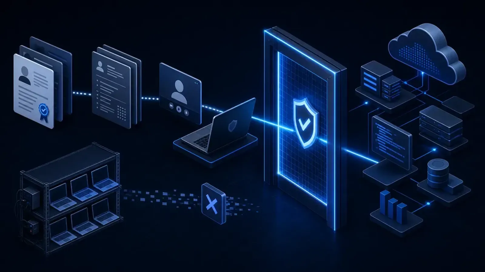 Conceptual remote hiring security gate stopping a false digital identity and remote laptop relay before they reach protected company systems