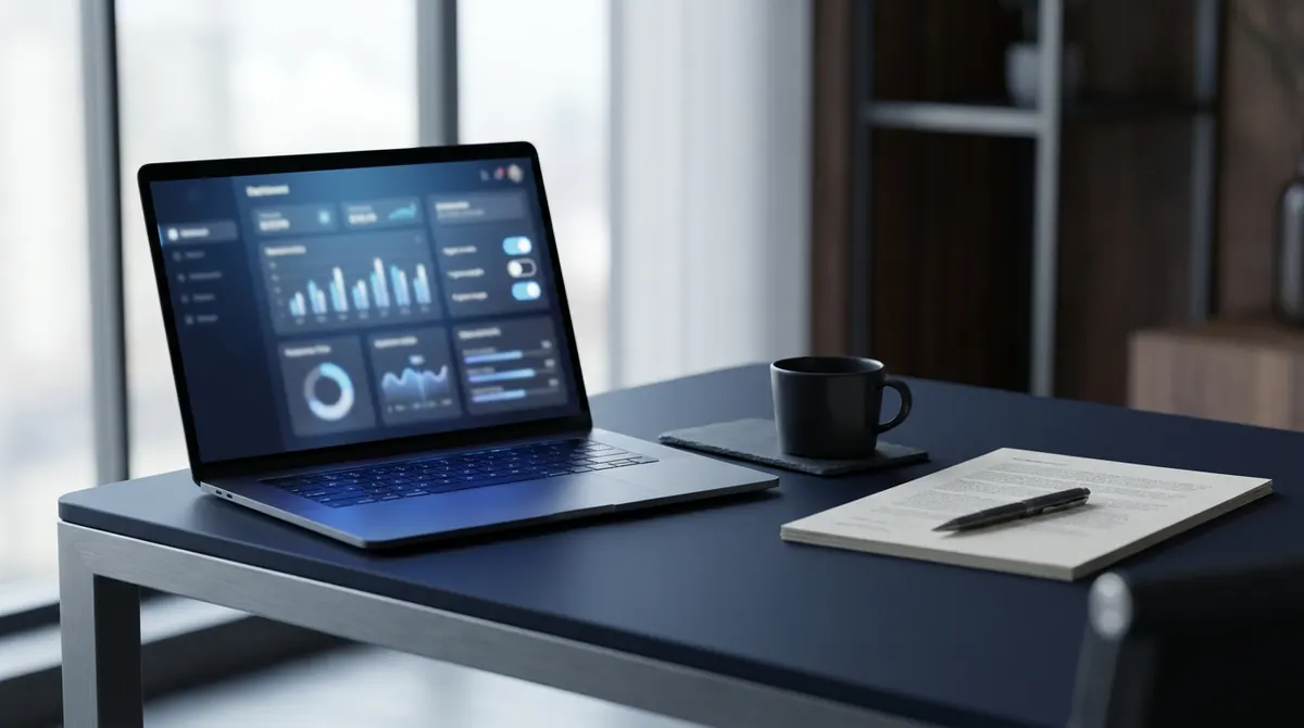 Laptop on a clean desk showing a licensing and subscription management dashboard beside a printed report, representing a license audit