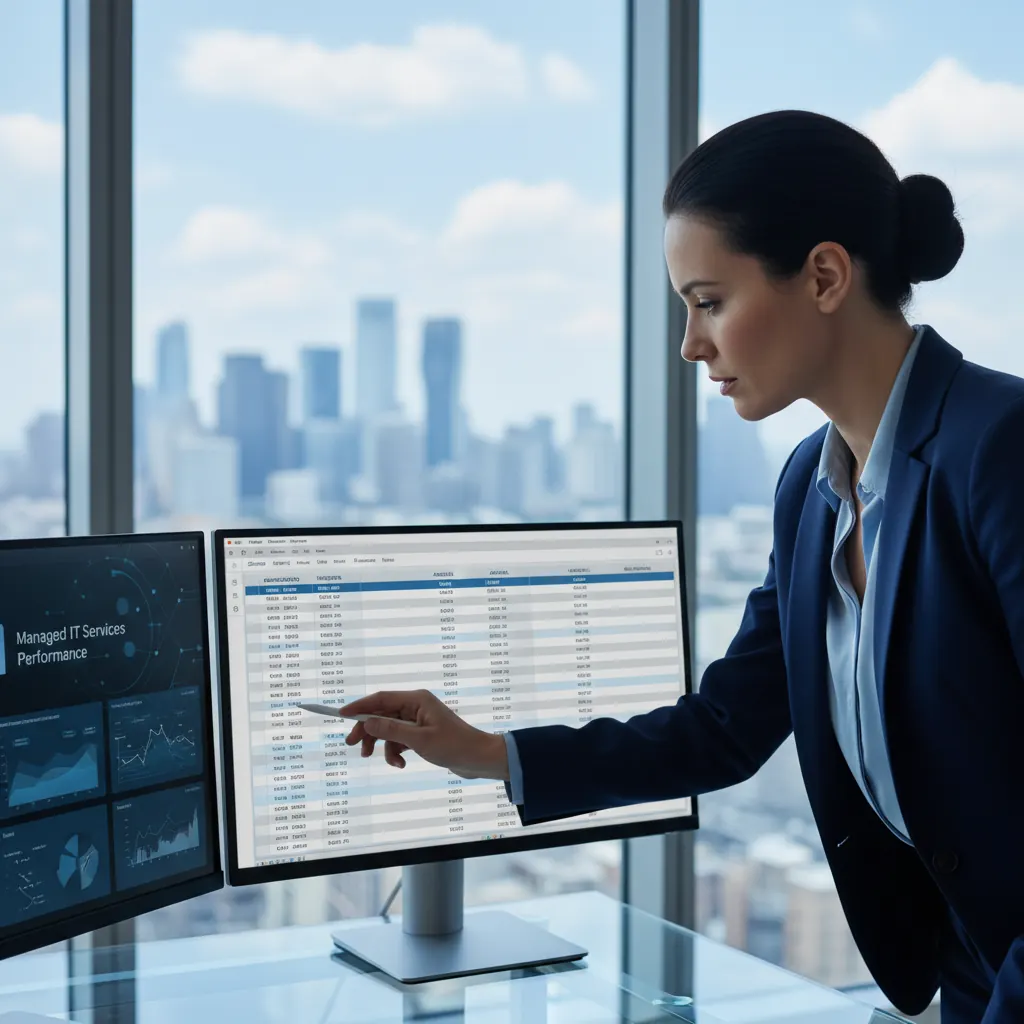 Business professional reviewing managed IT service pricing and budget comparison data on dual monitors