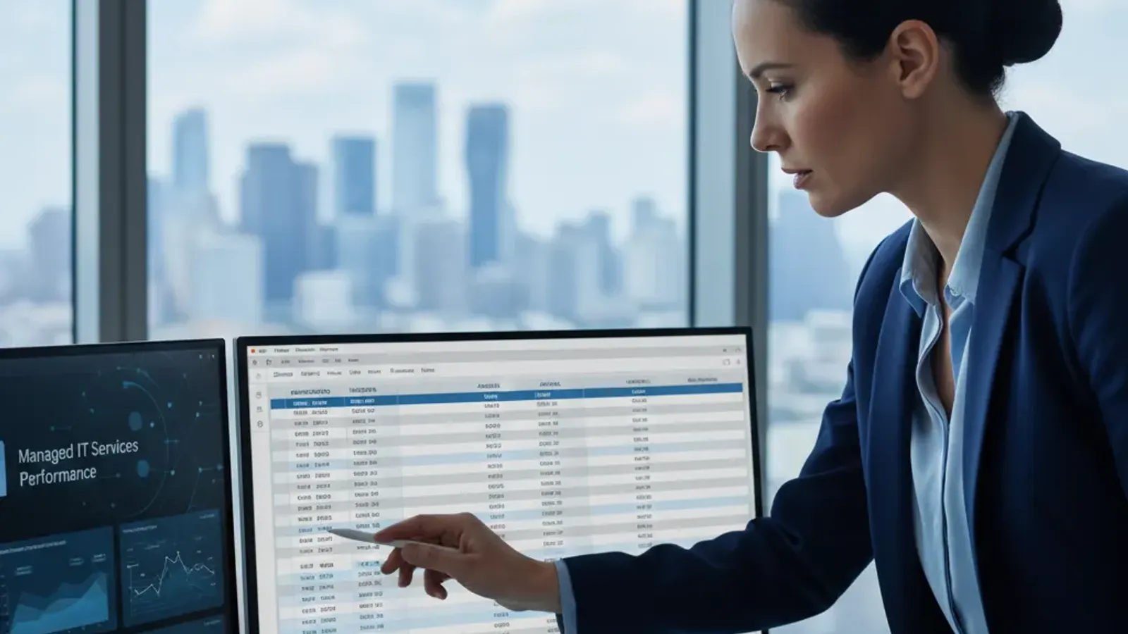 Business professional reviewing managed IT service pricing and budget comparison data on dual monitors