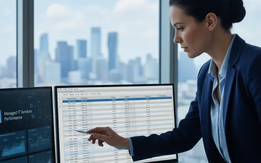 Business professional reviewing managed IT service pricing and budget comparison data on dual monitors