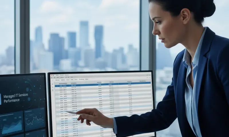 Business professional reviewing managed IT service pricing and budget comparison data on dual monitors