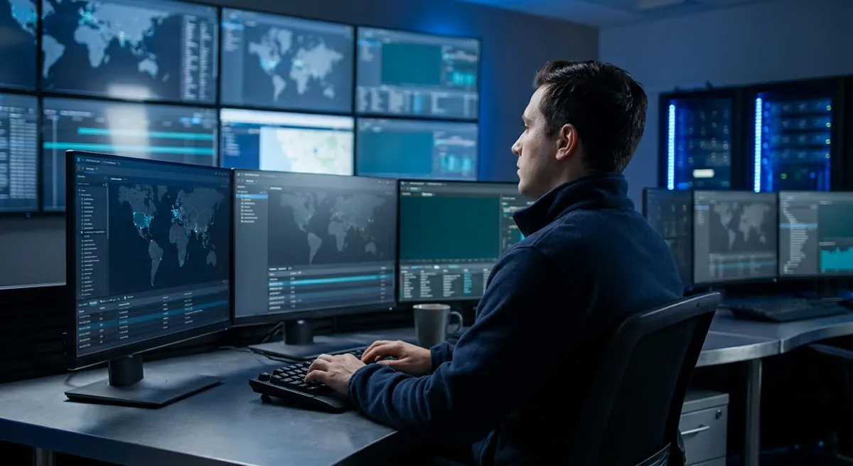 A managed detection and response analyst monitoring multiple displays in a darkened security operations environment