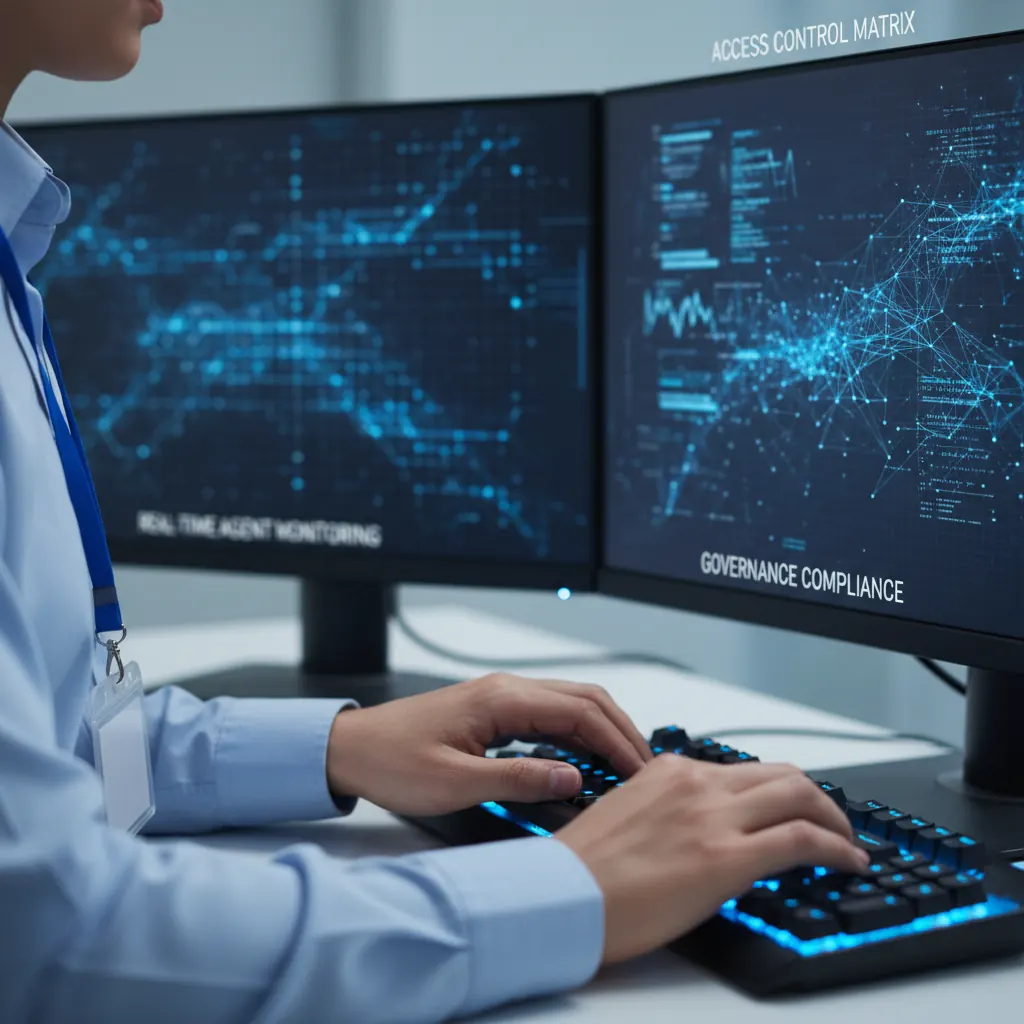 Cybersecurity professional at keyboard with multiple monitors displaying governance compliance dashboards and real-time AI agent monitoring feeds