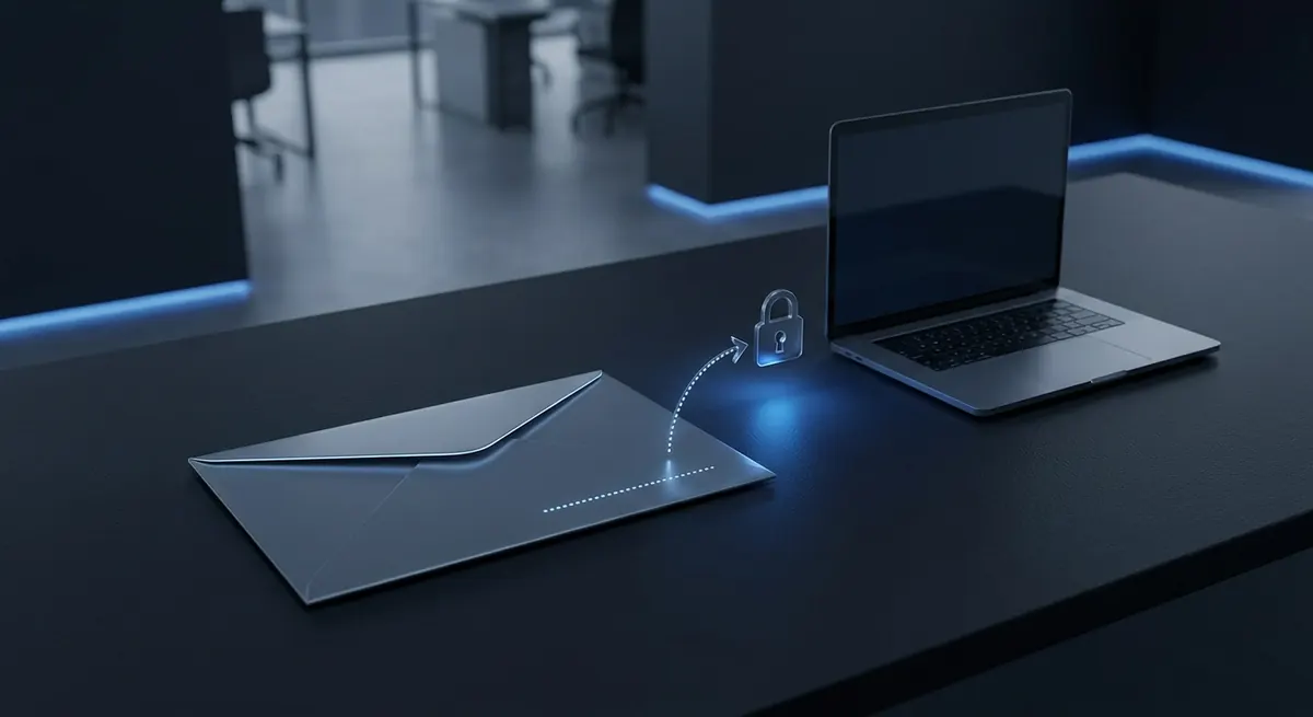 Conceptual illustration of a fake DocuSign document lure leading to a legitimate remote-access tool installing on a laptop