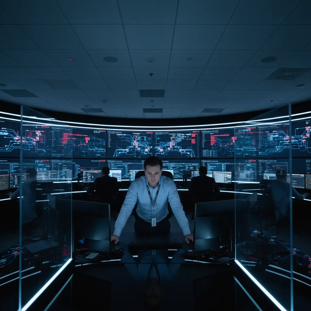 Security operations center with analysts monitoring network alerts on large displays in a dark room with blue ambient lighting