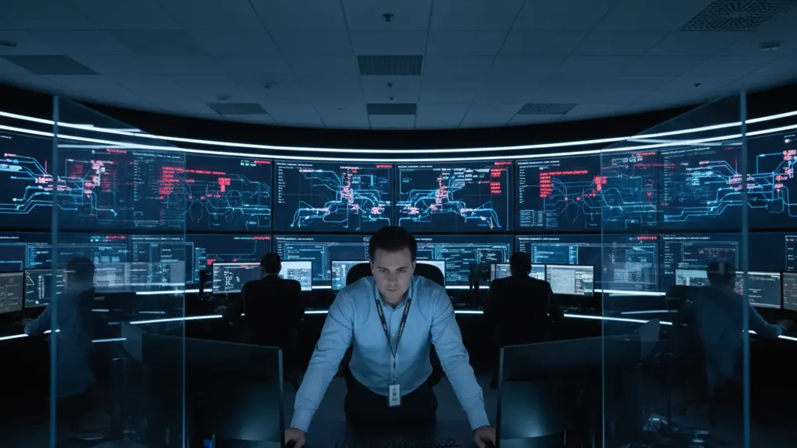 Security operations center with analysts monitoring network alerts on large displays in a dark room with blue ambient lighting