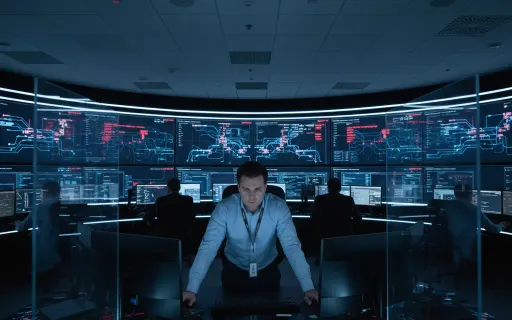 Security operations center with analysts monitoring network alerts on large displays in a dark room with blue ambient lighting
