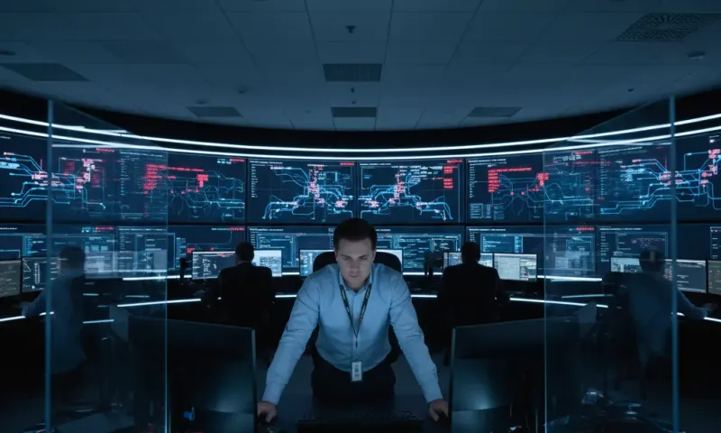 Security operations center with analysts monitoring network alerts on large displays in a dark room with blue ambient lighting