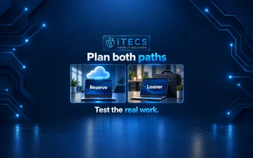 ITECS continuity illustration shows Reserve and a physical loaner side by side, with the guidance Plan both paths and Test the real work.
