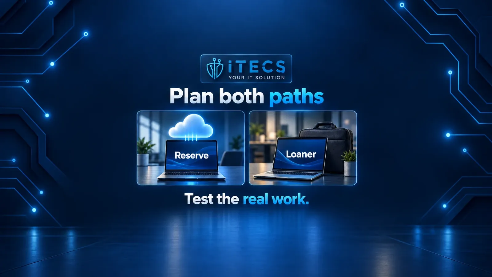 ITECS continuity illustration shows Reserve and a physical loaner side by side, with the guidance Plan both paths and Test the real work.
