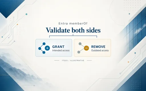 Illustrative access-validation comparison: verify both intended access granted and outdated access removed when replacing Entra memberOf rules.