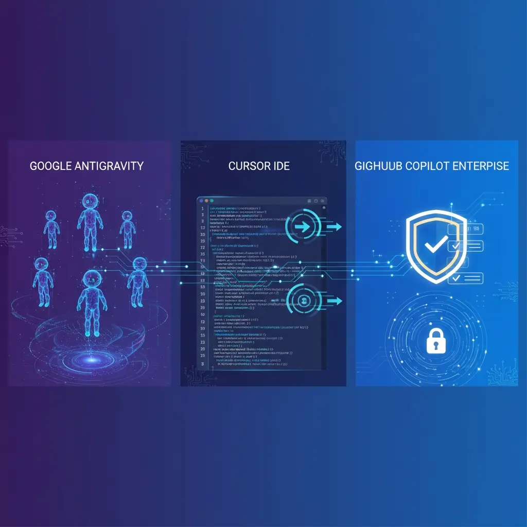 Side-by-side comparison visualization of Google Antigravity agentic development platform, Cursor AI code editor, and GitHub Copilot enterprise coding assistant, featuring modern technology iconography, security compliance symbols, and AI workflow represen