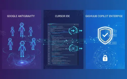 Side-by-side comparison visualization of Google Antigravity agentic development platform, Cursor AI code editor, and GitHub Copilot enterprise coding assistant, featuring modern technology iconography, security compliance symbols, and AI workflow represen