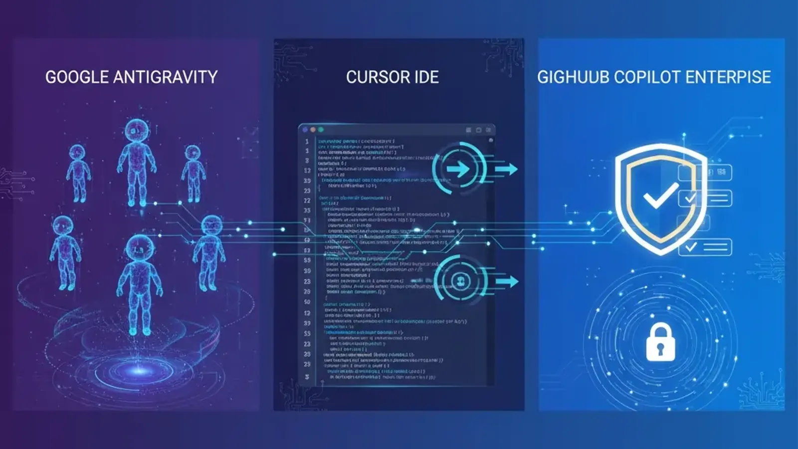 Side-by-side comparison visualization of Google Antigravity agentic development platform, Cursor AI code editor, and GitHub Copilot enterprise coding assistant, featuring modern technology iconography, security compliance symbols, and AI workflow represen