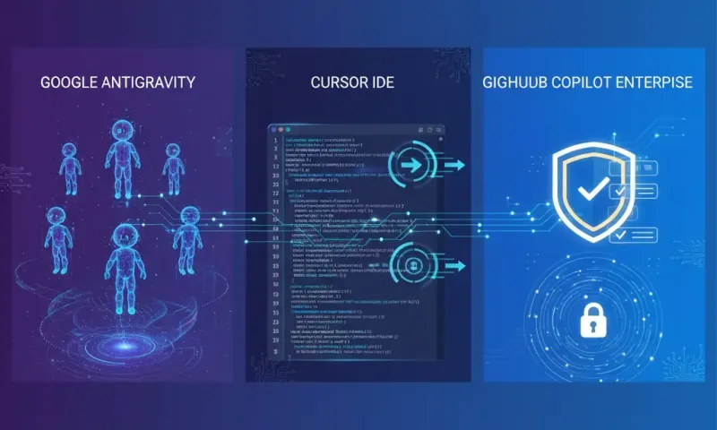 Side-by-side comparison visualization of Google Antigravity agentic development platform, Cursor AI code editor, and GitHub Copilot enterprise coding assistant, featuring modern technology iconography, security compliance symbols, and AI workflow represen