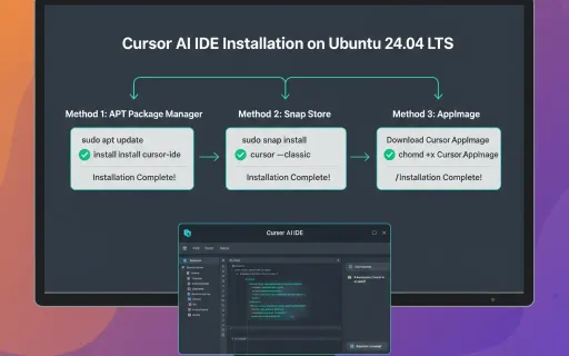 Technical illustration showing Cursor AI IDE installation process on Ubuntu 24.04, featuring three installation method pathways, terminal commands, and the Ubuntu desktop environment with successfully deployed Cursor application interface.