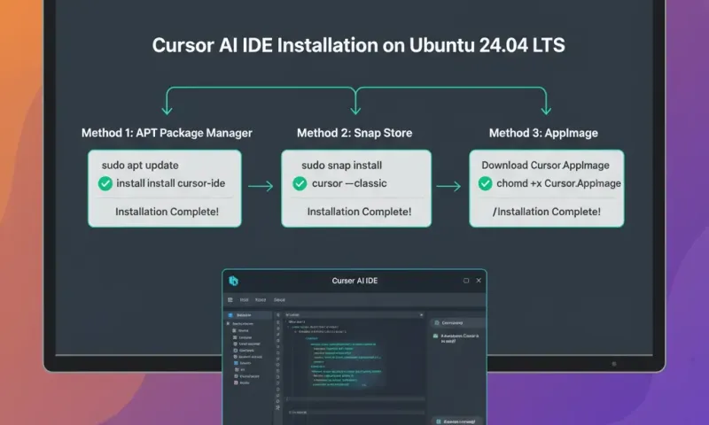 Technical illustration showing Cursor AI IDE installation process on Ubuntu 24.04, featuring three installation method pathways, terminal commands, and the Ubuntu desktop environment with successfully deployed Cursor application interface.