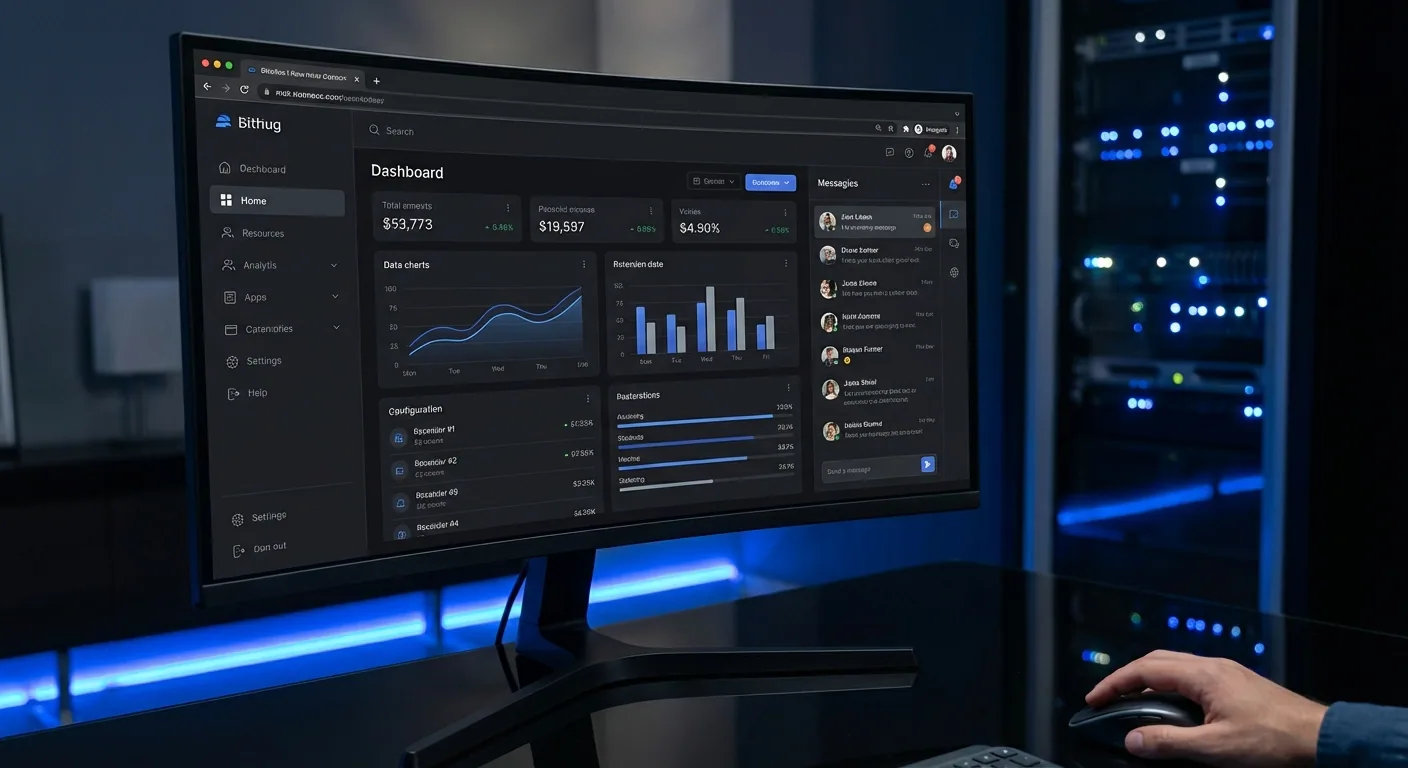 Modern web application dashboard displayed on an ultrawide monitor in a professional workspace, showing data visualizations and an AI chat interface with blue accent lighting