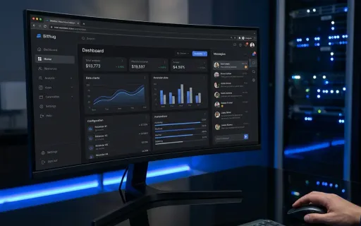 Modern web application dashboard displayed on an ultrawide monitor in a professional workspace, showing data visualizations and an AI chat interface with blue accent lighting