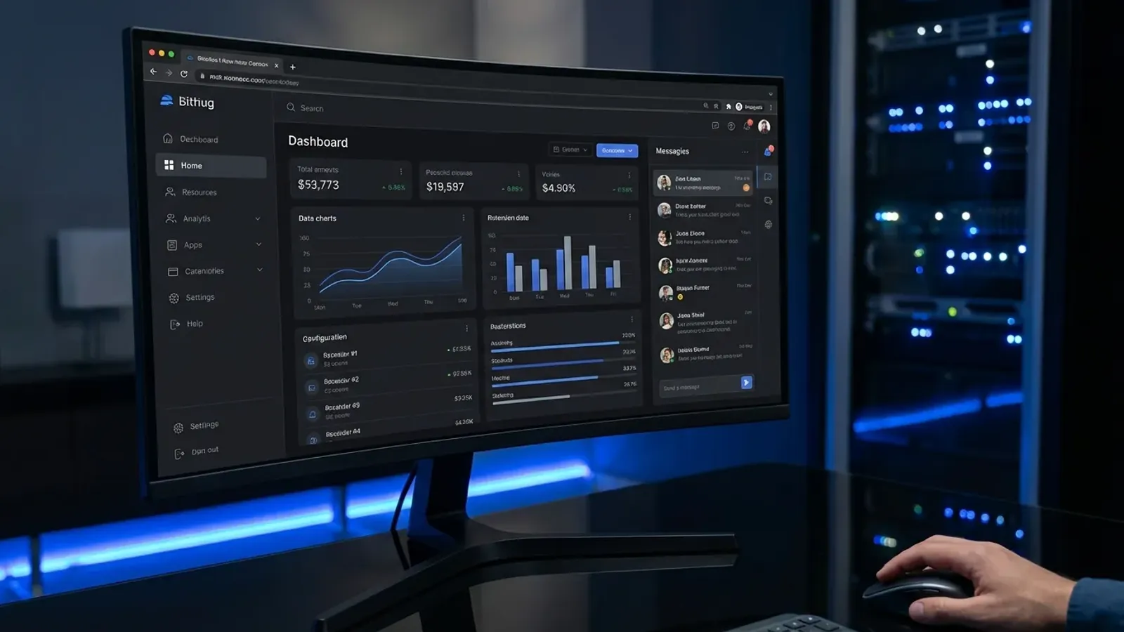 Modern web application dashboard displayed on an ultrawide monitor in a professional workspace, showing data visualizations and an AI chat interface with blue accent lighting