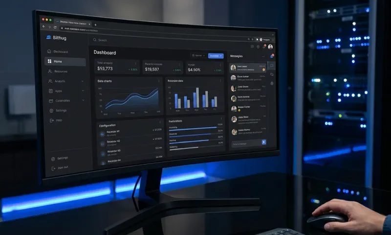 Modern web application dashboard displayed on an ultrawide monitor in a professional workspace, showing data visualizations and an AI chat interface with blue accent lighting