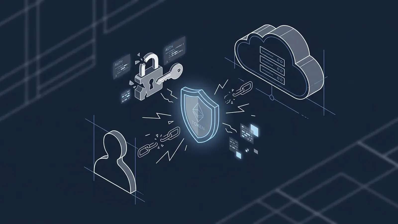 Conceptual isometric illustration of a Microsoft 365 access token being intercepted between a user and a cloud identity server